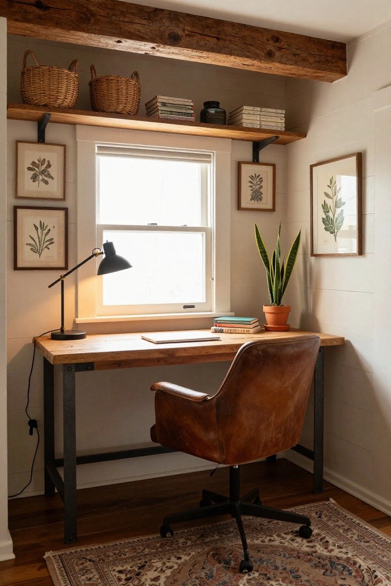 A small home office with a wooden desk on black metal pipe legs, brown leather armchair, desk lamp, snake plant in orange pot, wicker baskets on wooden shelves, and botanical prints on white shiplap walls under exposed wooden beams.