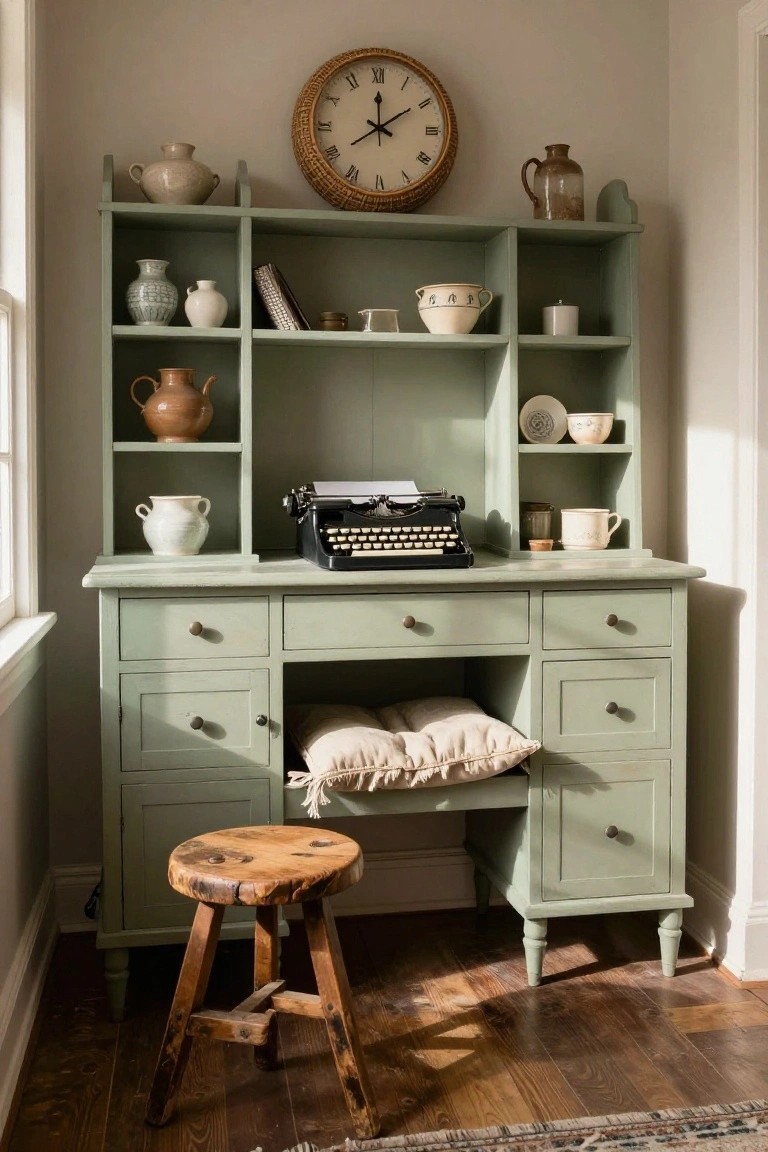 Sage green painted wooden hutch desk with open shelves displaying pottery, vintage typewriter on desktop, wooden stool in front, wall clock above, in a room with hardwood floors.