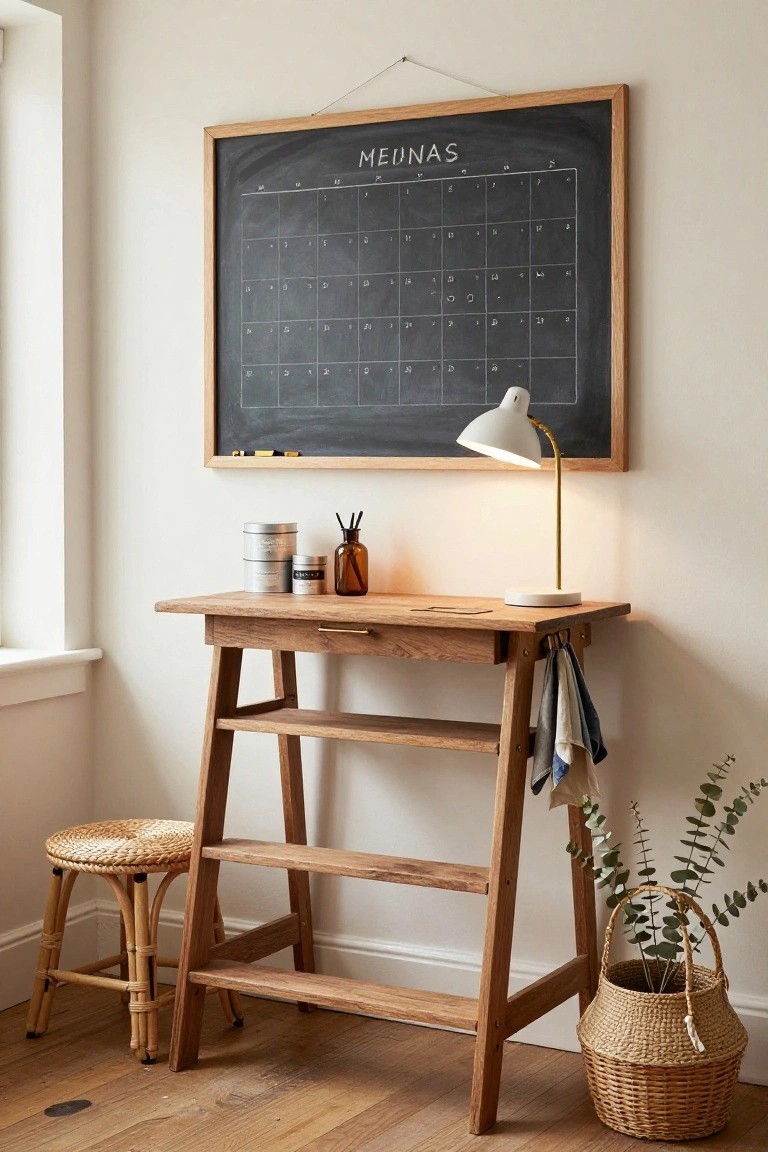 Corner view of a wooden ladder-style desk with lower shelf, rattan stool beside it, chalkboard calendar on wall above, desk lamp, and potted eucalyptus plant on beige walls and wood floor