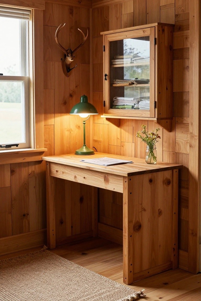 Rustic interior corner office with pine wood paneling on walls and ceiling, wooden desk topped with green lamp and papers, matching glass-door wall cabinet above, mounted deer antlers, vase of flowers, and window with blinds.