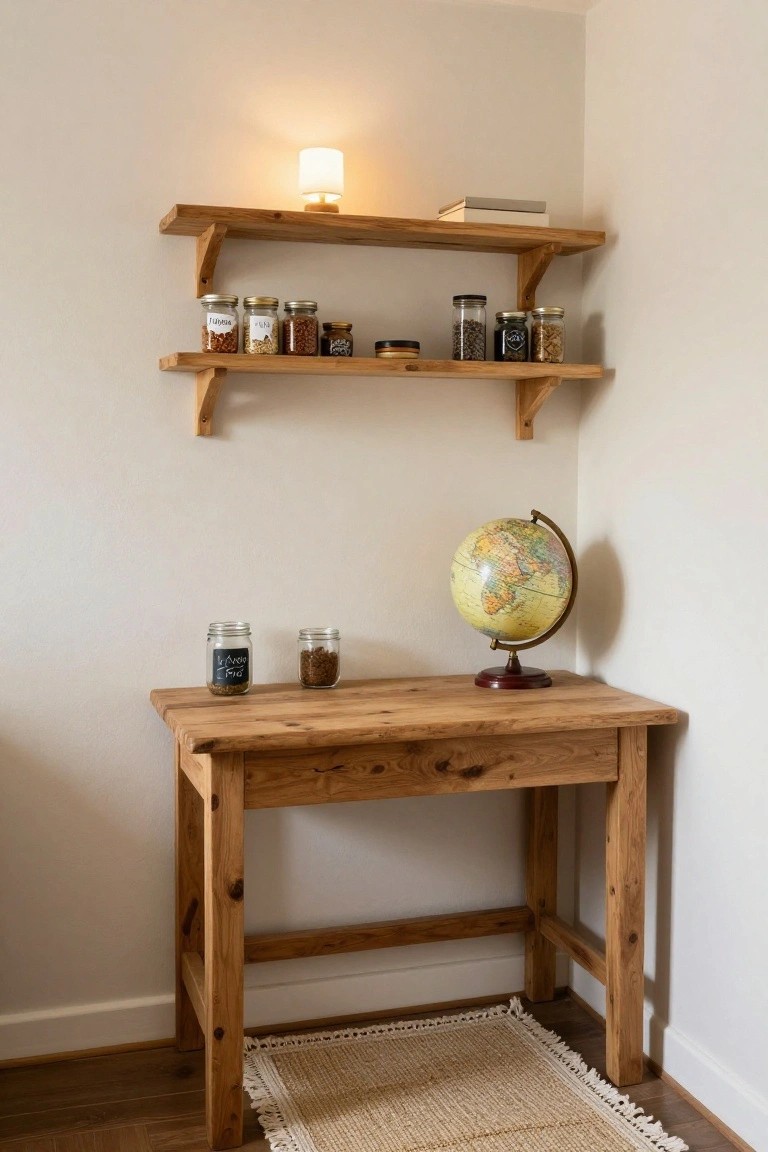 Corner wooden desk with open wooden shelves above stocked with glass jars of spices and grains, a globe beside the desk, two jars on the desk, a small lamp on upper shelf, and a seagrass rug underneath in a light room.