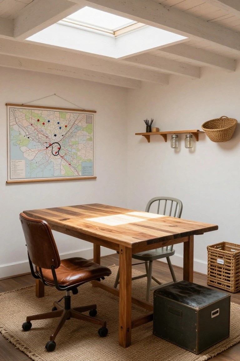 Small home office with rectangular reclaimed wood desk, brown leather swivel chair, green wooden chair, black metal-edged crate stool, large map poster on white wall, floating shelves with jars and reed diffuser, wicker baskets, exposed white beams, skylight, and seagrass rug on wood floor.