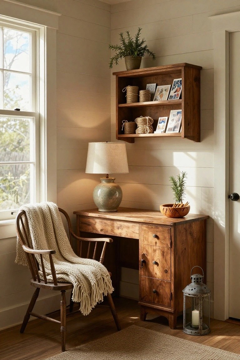 Cozy office corner with wooden desk, ladder-back chair draped in cream knit throw, wooden shelves holding plants and photo frames, ceramic lamp, small potted rosemary, and shiplap walls beside a window.