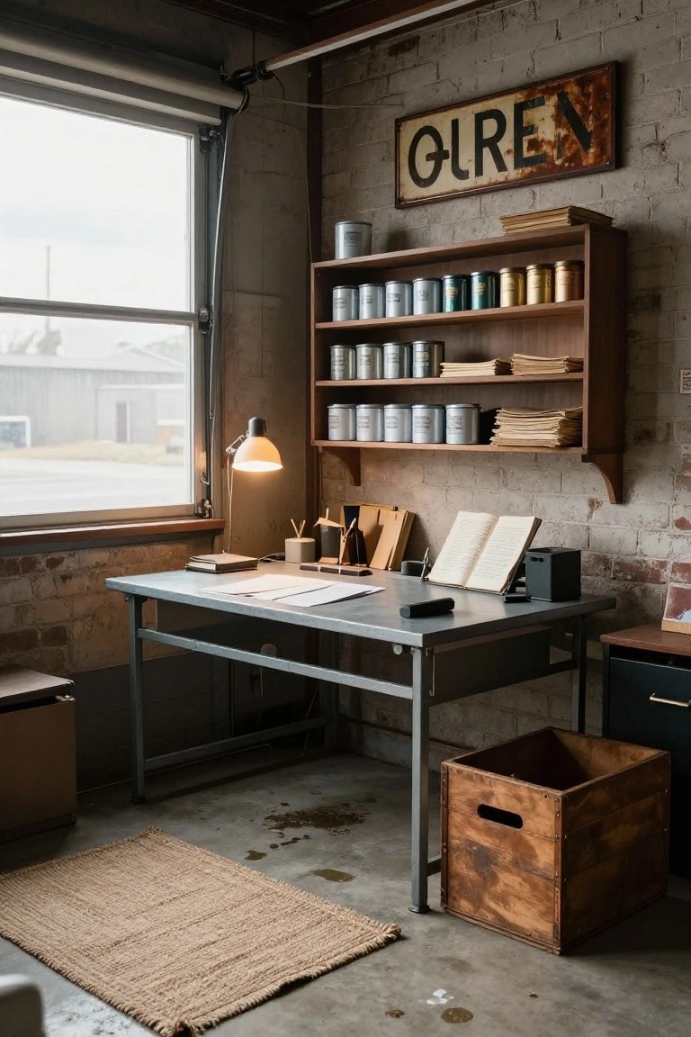 Rustic office interior with exposed brick walls, wooden open shelves stocked with colorful metal tins and cans, gray metal desk with papers and lamp, wooden crates on concrete floor, and large garage-style window.