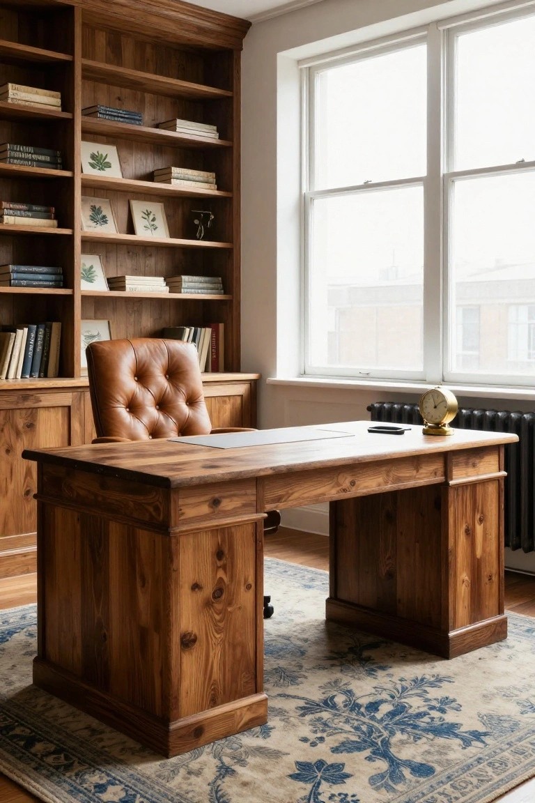 Rustic home office with extensive wooden built-in bookshelves, large wooden desk, tan tufted leather armchair, brass clock on radiator, and two large white-framed windows.