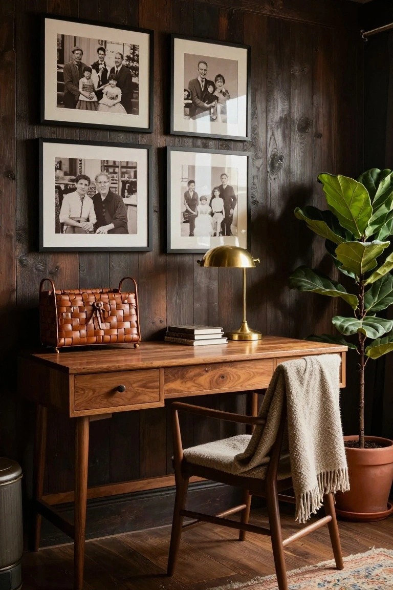 Home office with dark wood-plank paneled walls, wooden desk and chair with wool throw, black-framed vintage family photos, gold desk lamp, leather-woven basket, stacked books, fiddle leaf fig plant in terracotta pot, and metal trash can.