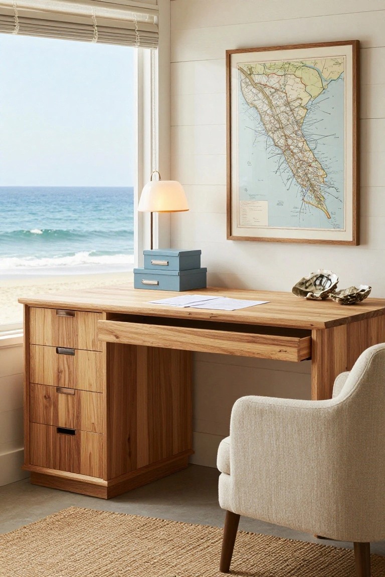 Wooden desk with drawers in a white office room overlooking ocean waves through a large window, with framed map on wall, lamp, blue boxes, shells on desk, and beige armchair nearby.