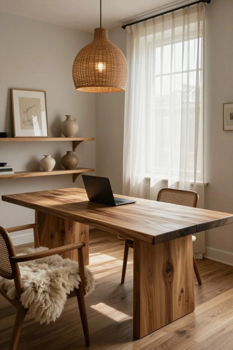 Home office with rectangular solid wood desk, rattan chairs including one with sheepskin seat cover, wooden wall shelves holding pottery vases and books, woven pendant light, and sheer curtains over a window.