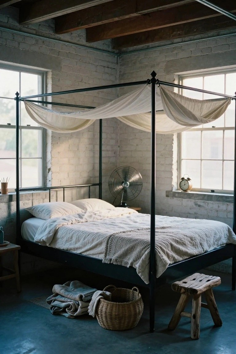 A bedroom with exposed brick walls and wooden beams featuring a black metal canopy bed draped in white fabric, white bedding, a standing fan, large windows, and a wooden stool on a concrete floor.