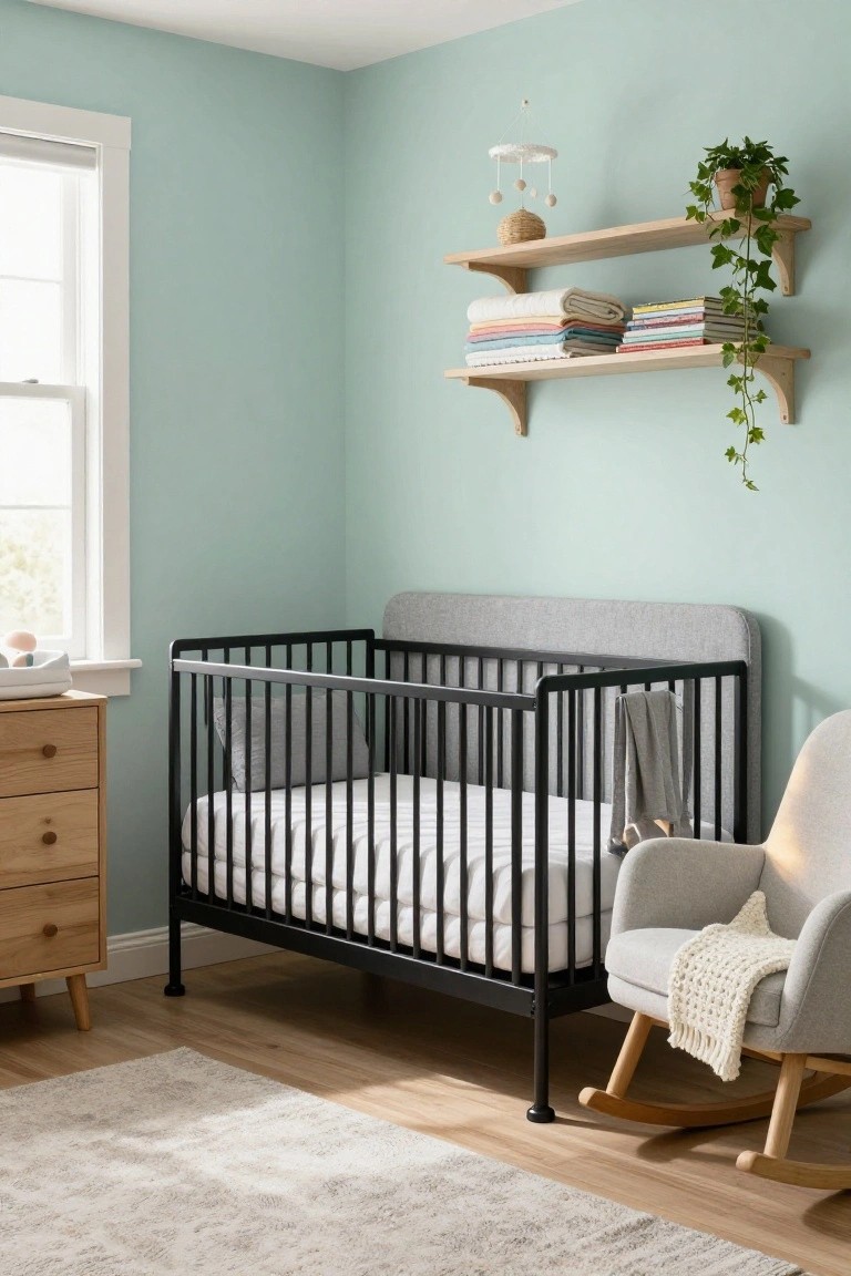 A nursery room with pale turquoise walls, black metal crib featuring gray fabric headboard and white mattress, wooden dresser, gray upholstered rocking chair, floating wood shelves holding folded linens, books, and potted ivy.