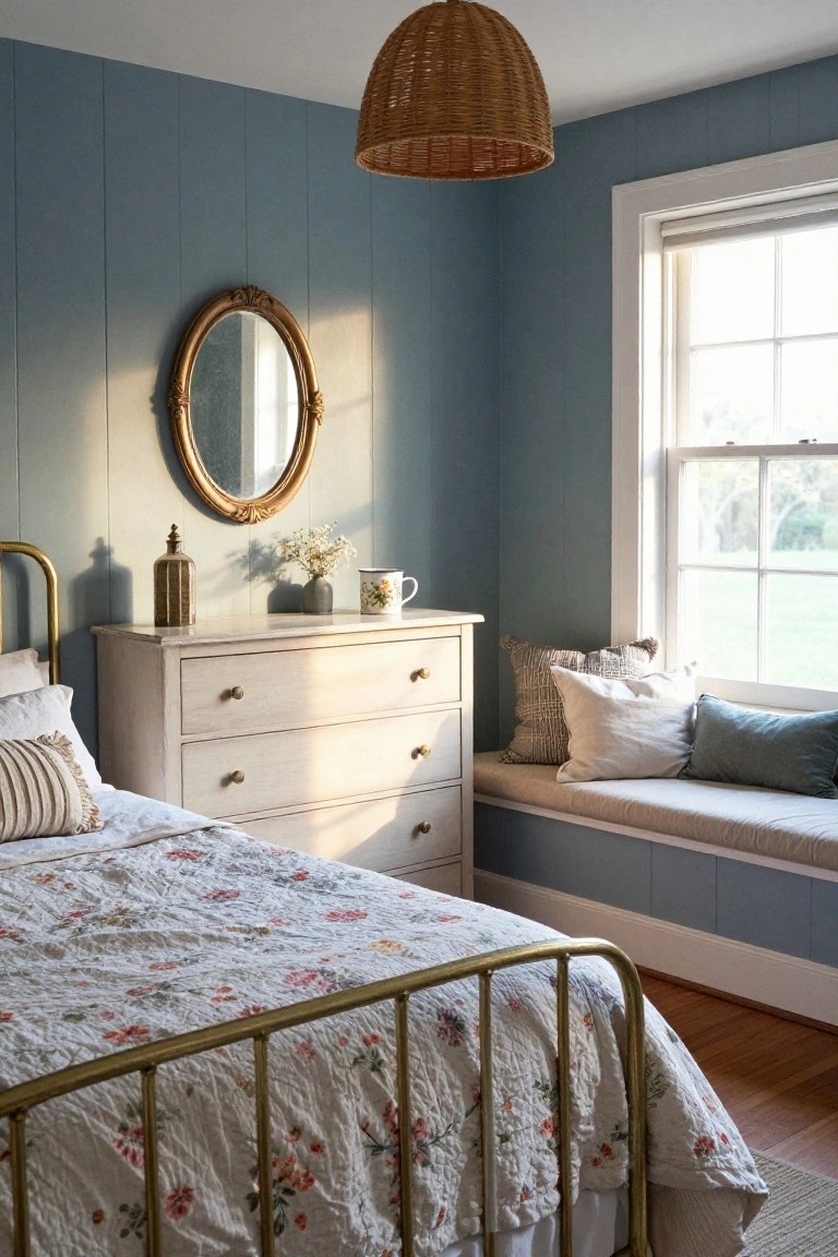 A bedroom with blue shiplap walls, a gold metal bed frame topped with a white floral quilt, a white dresser holding a mug and vase, and a cushioned window seat by a large window.