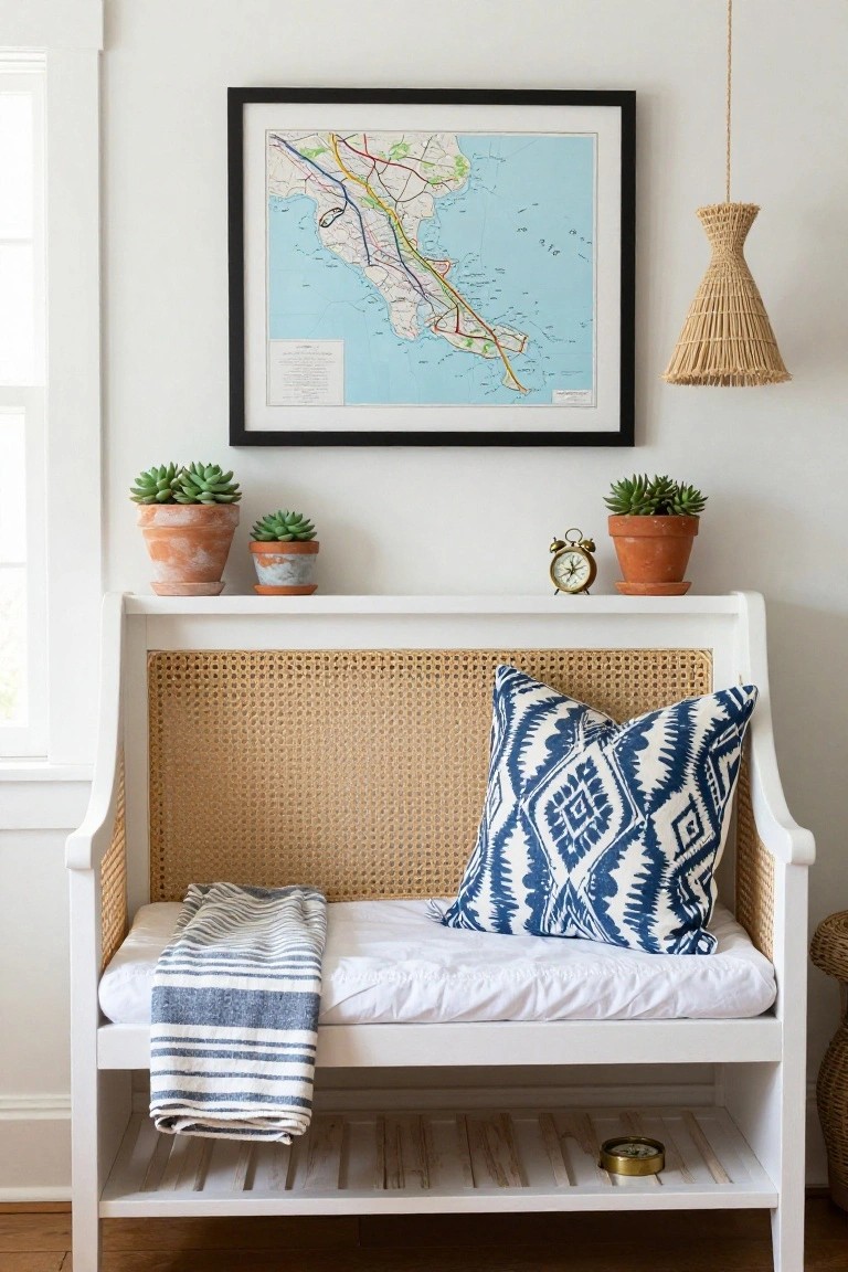 White wooden bench with cane back and arms, topped with white cushion, blue ikat pillow, and navy striped throw; terra cotta pots with succulents and nautical map framed above on shelf, rattan pendant light hanging nearby.