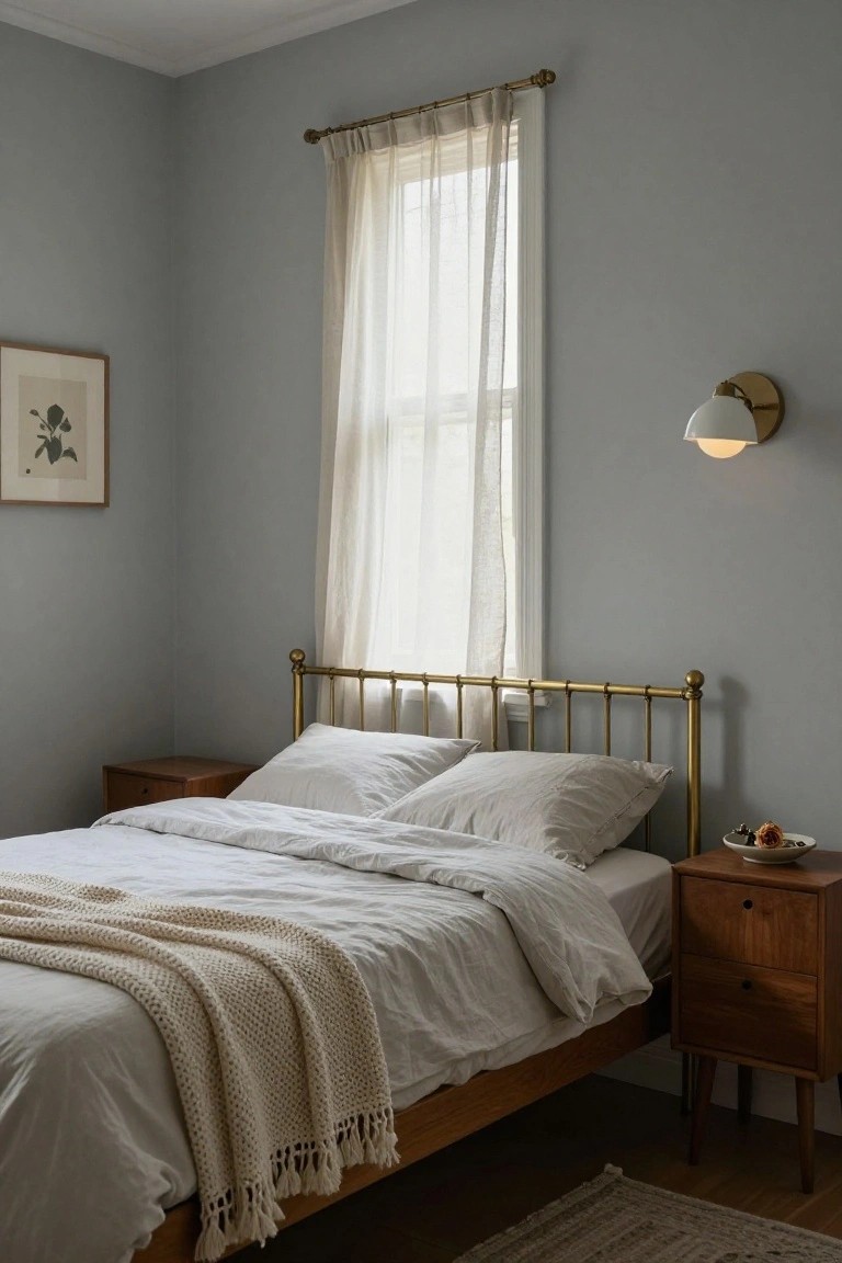 Bedroom corner with brass metal bed frame, white linen bedding and pillows, wooden nightstands, sheer curtains on window, wall lamp, and framed art against light gray walls.