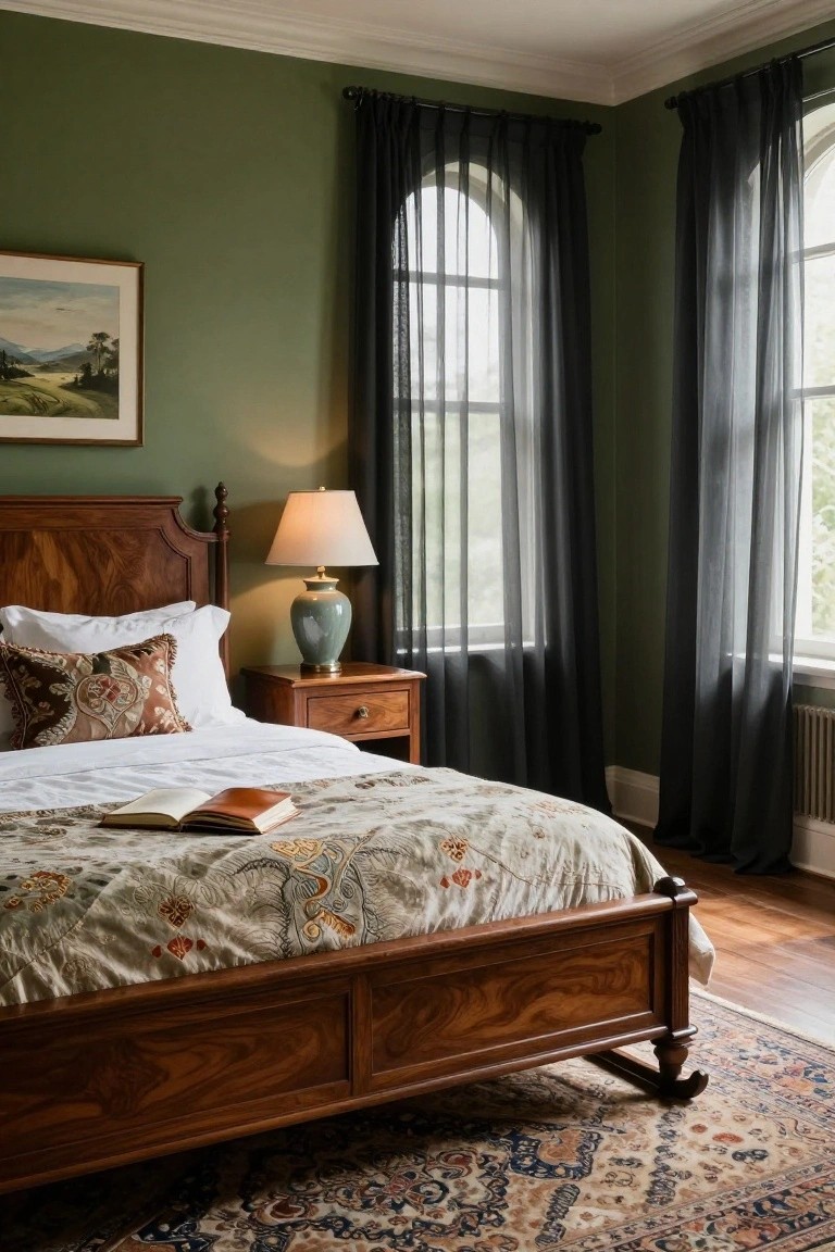 Corner of a green bedroom with wooden four-poster bed, white and patterned pillows, open book on beige quilt, wooden nightstand with lamp and vase, arched windows with sheer black curtains, and patterned rug on hardwood floor.