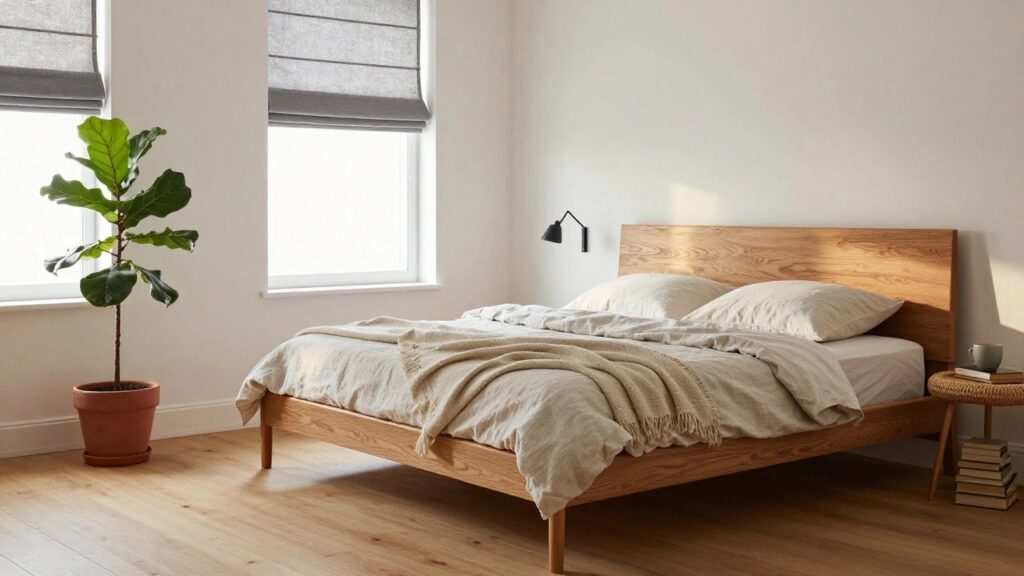 Low-profile oak platform bed with white linen bedding and pillows in a bright bedroom with rattan nightstand, potted ficus plant, wall lamp, beige curtains, and light wood floors.