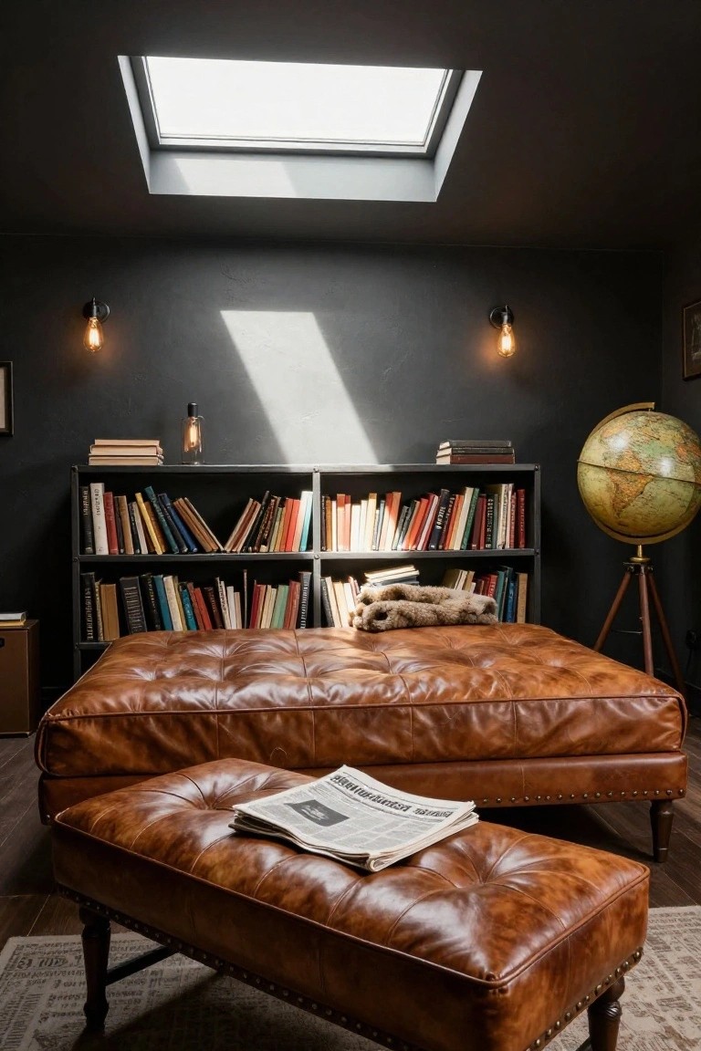 Dark interior room featuring black metal bookshelves stocked with books, a large tan tufted leather bench, a matching smaller ottoman holding a newspaper, a globe on a stand, wall-mounted Edison bulb lamps, and a skylight overhead.