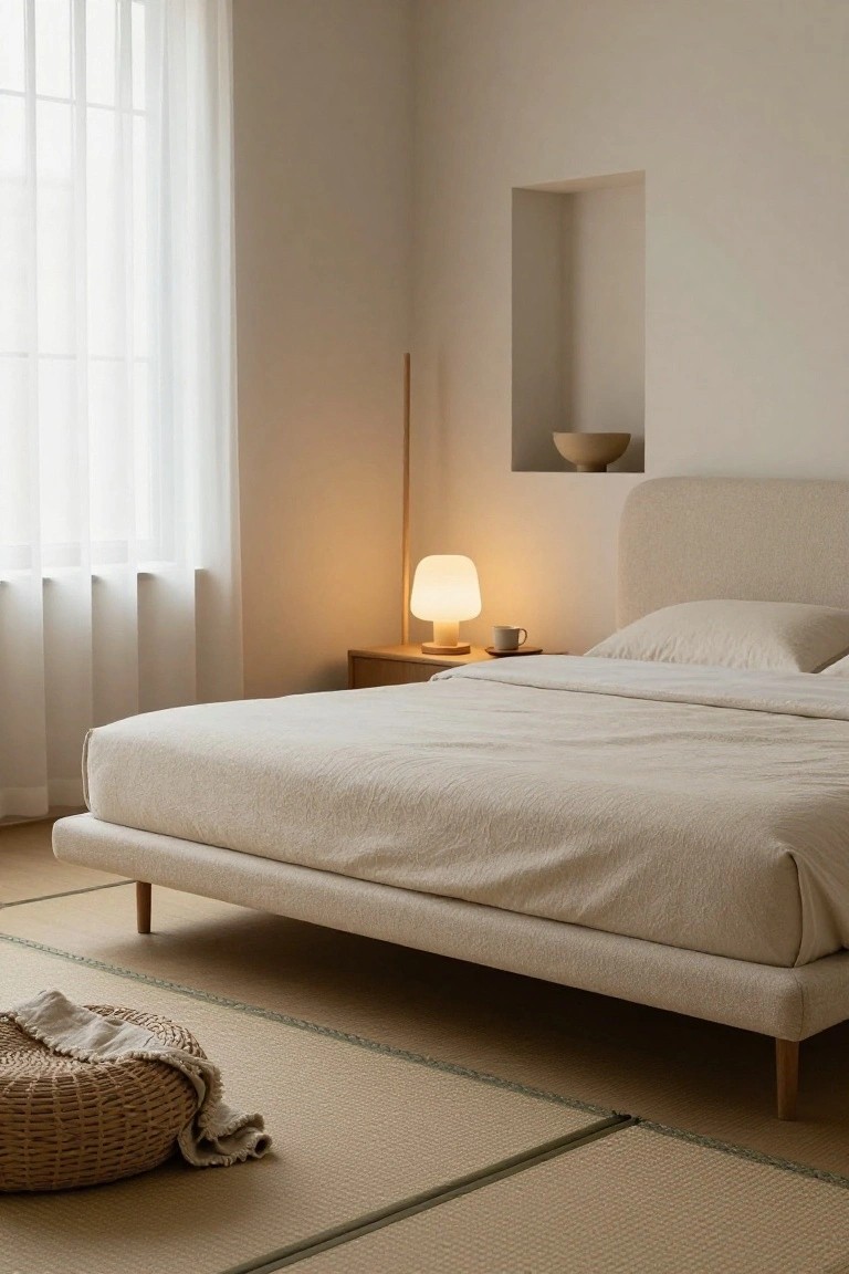 A minimalist beige bedroom featuring a low upholstered platform bed on thin wooden legs above tatami mats, with a bedside table, lamp, and sheer curtains over a window.