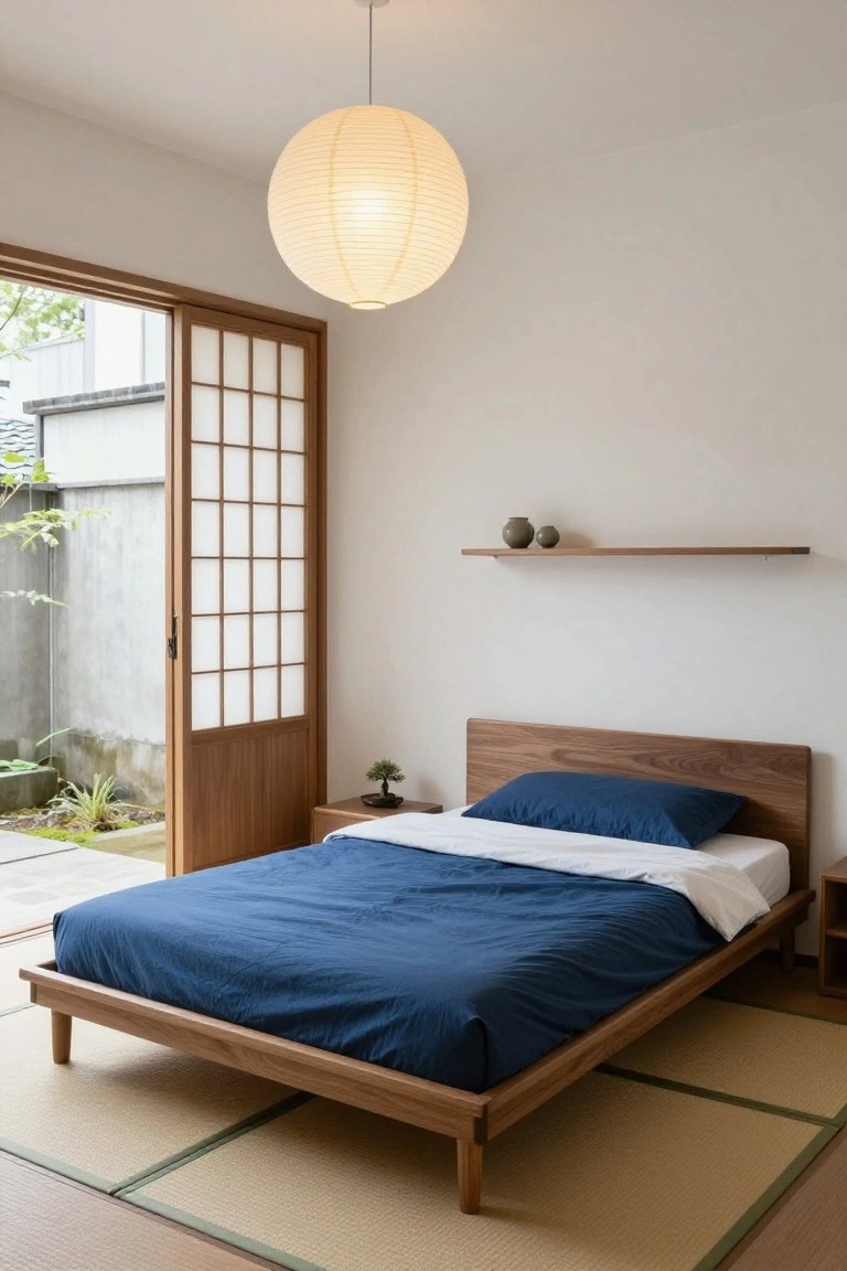 A minimalist bedroom with a low wooden platform bed covered in navy sheets and a white duvet, tatami mats on the floor, shoji sliding doors open to a small garden courtyard, a paper lantern hanging overhead, and a wooden shelf with pottery.