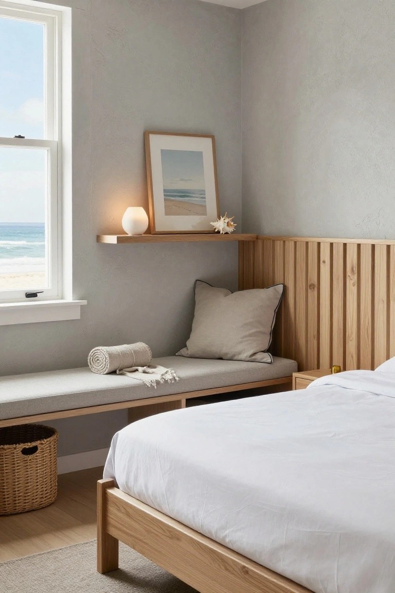 Light oak bed frame with vertical slat headboard and integrated cushioned bench in a gray-walled bedroom, white bedding, window to ocean view, small lamp and shell on shelf.