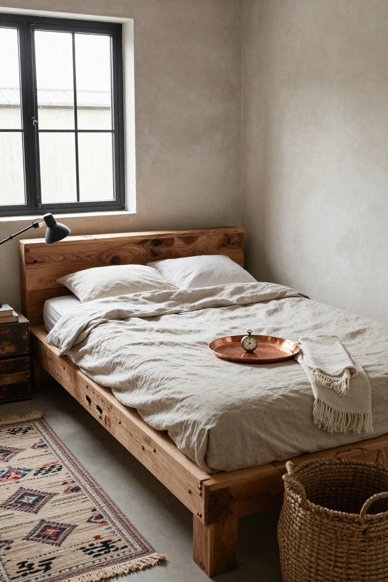 A bedroom with low rough-hewn wooden bed frame, white linen bedding, copper tray and clock on bed, wooden nightstand, black metal window frame, patterned rug, and wicker basket on the floor.