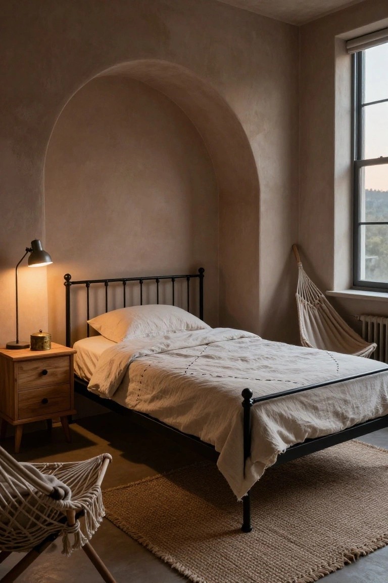 Bedroom interior with black metal bed frame, white linens and quilt, wooden nightstand with lamp and brass container, beige textured walls, arched niche, hammock chair, and window overlooking hills.