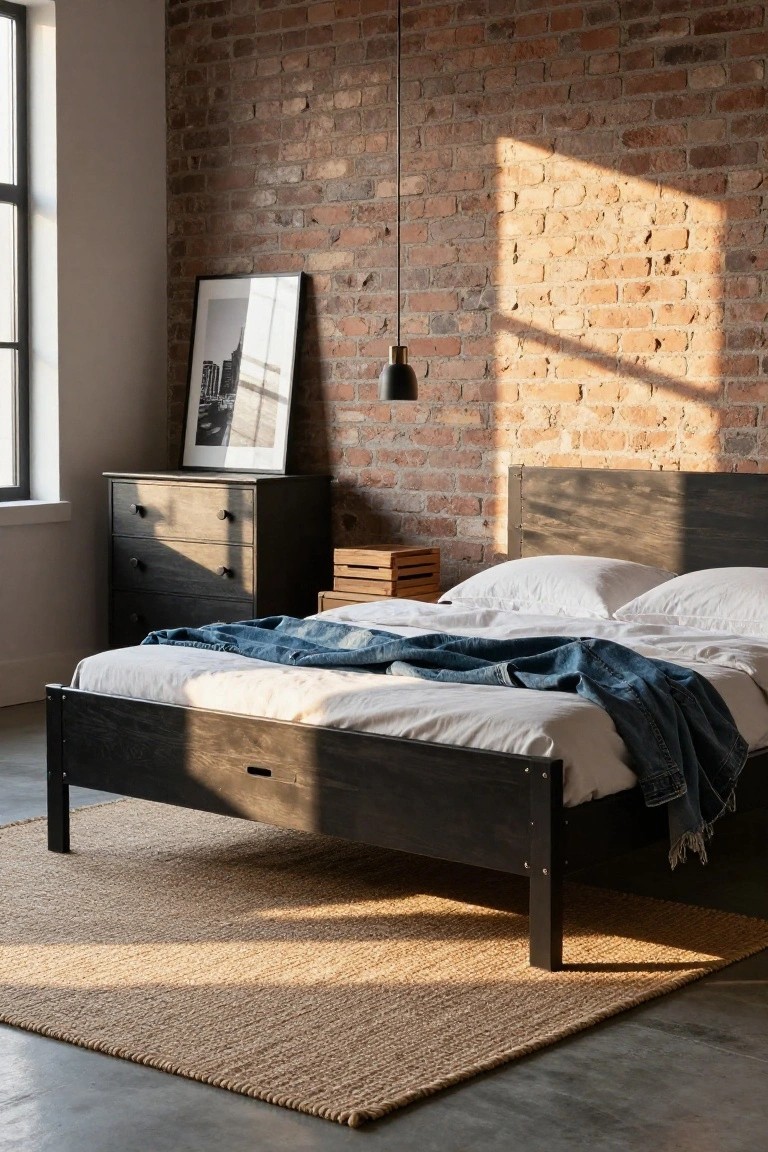 A bedroom with a low black metal platform bed draped in white sheets and a blue denim throw, beside a dark wood dresser, against an exposed brick wall with pendant light and sunlight from large windows.