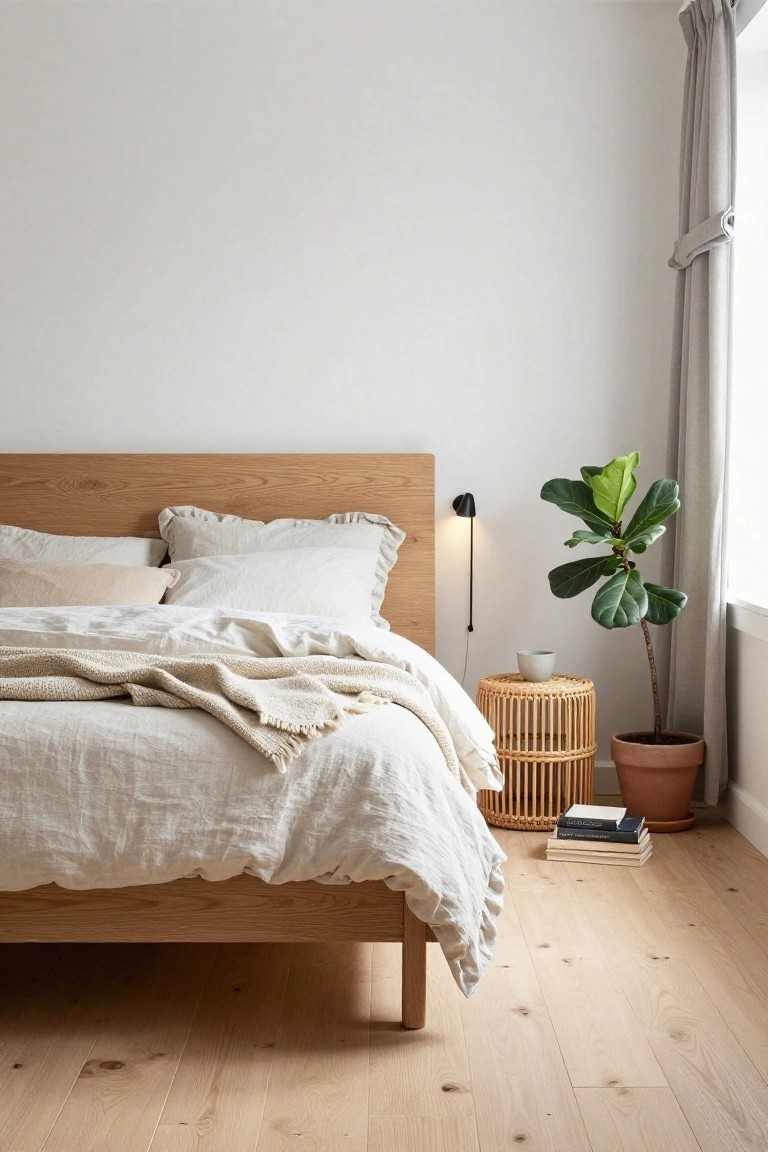 Low-profile oak platform bed with white linen bedding and pillows in a bright bedroom with rattan nightstand, potted ficus plant, wall lamp, beige curtains, and light wood floors.