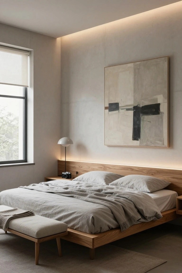 A bedroom with a low oak platform bed featuring integrated headboard lighting, gray linen bedding, a foot bench, nightstand with lamp and camera, large abstract painting on a textured wall, and a window with roller shade.