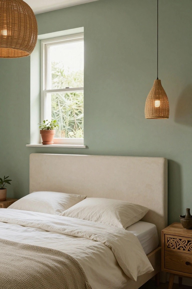 Bedroom featuring a beige upholstered bed frame with padded headboard, white bedding, mint green walls, two rattan pendant lights, wooden nightstand, and potted plants near a window with greenery outside.