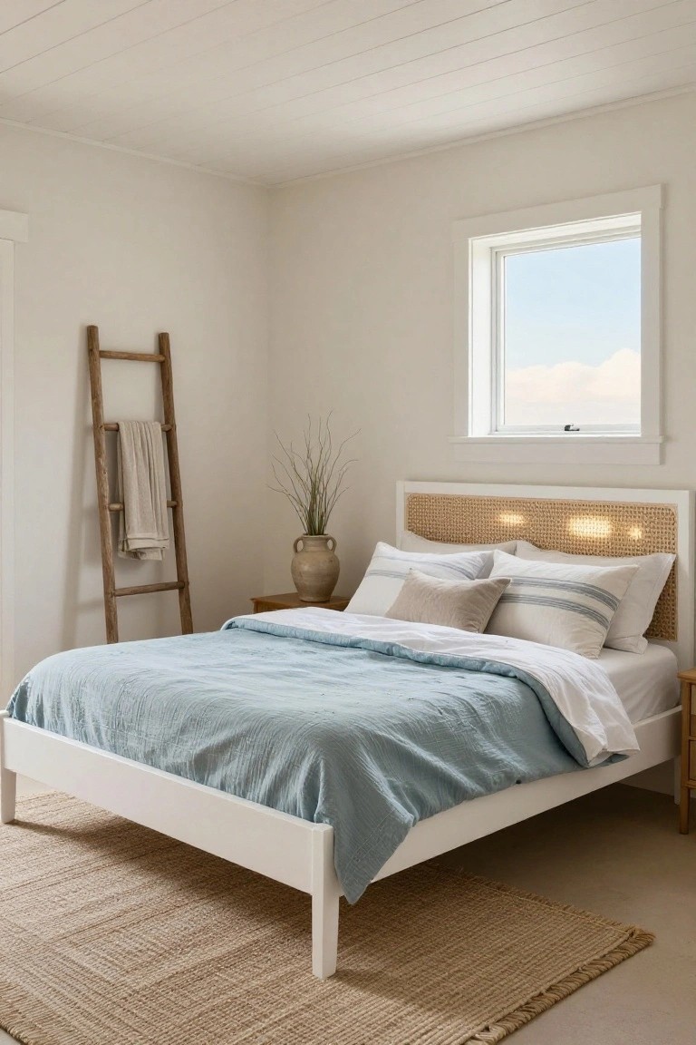 A cozy bedroom with a low white wooden bed frame topped by a rattan headboard, light blue textured bedding, striped pillows, a wooden ladder holding a folded towel, a potted plant on a side table, and a beige seagrass rug on light wood floors.