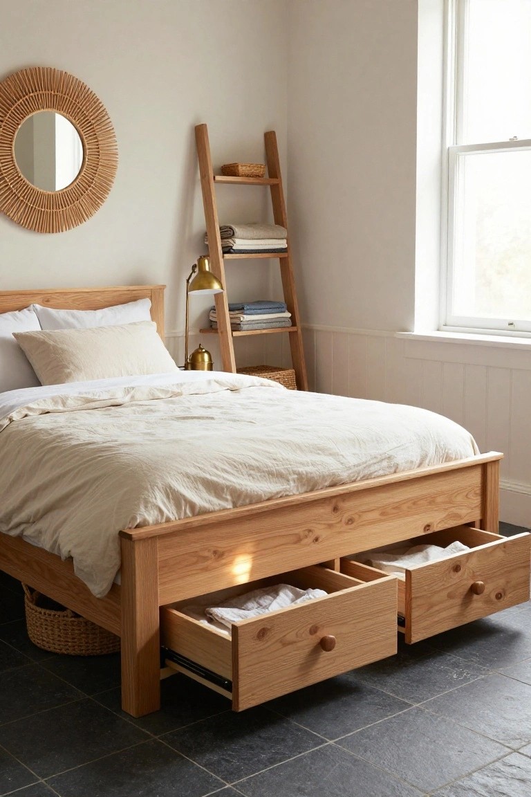 Pine wood bed frame with open underbed drawers containing folded linens in a light-colored bedroom with ladder shelf, rattan mirror, desk lamp, and window.