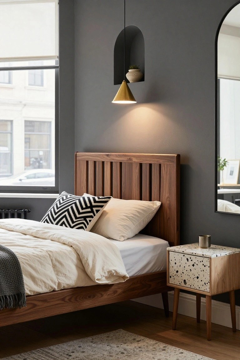 Bedroom with low walnut wood bed frame featuring vertical slat headboard, white bedding with black zigzag pillow, speckled wood nightstand, dark gray walls, large window with blinds, and black arched wall mirror.