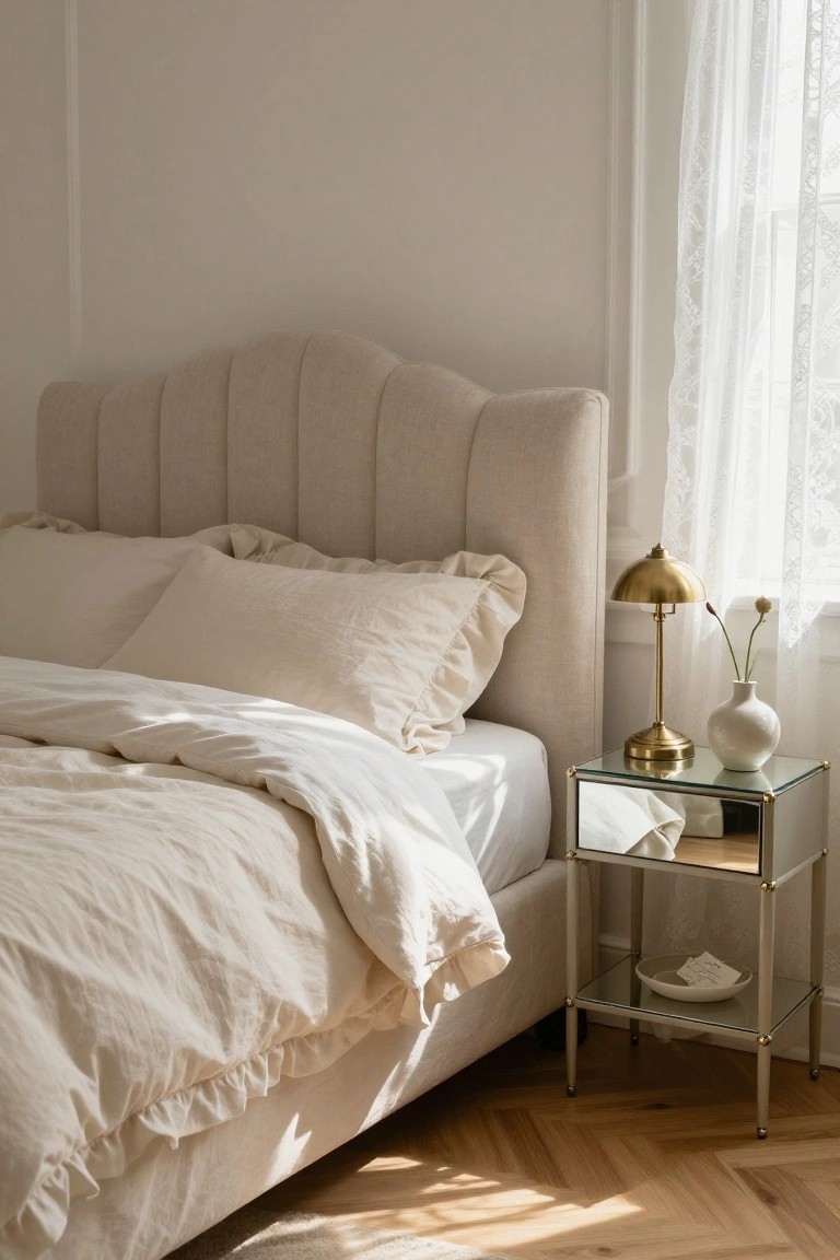 Beige tufted fabric headboard on a low platform bed with white linen bedding and pillows, next to a brass banker's lamp and white vase on a glass nightstand in a light bedroom with sheer curtains and wood floors.