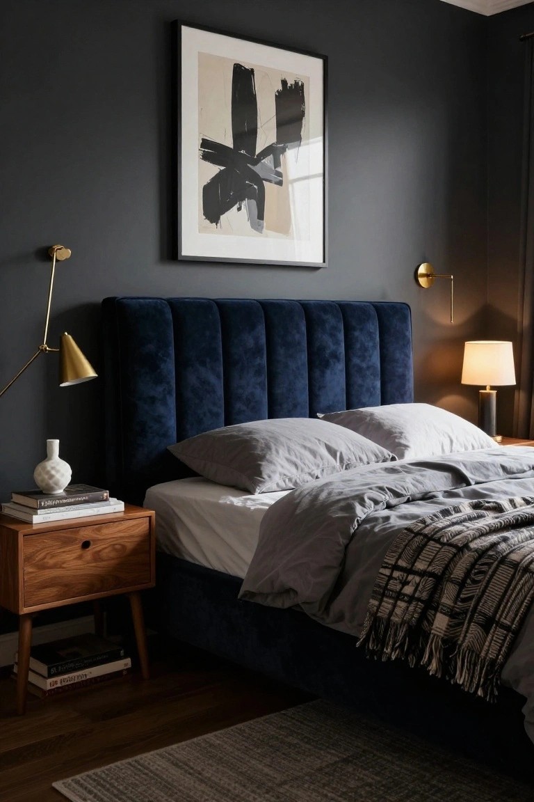 Bedroom with navy blue velvet channel-tufted headboard, gray sheets and pillows on the bed, wooden nightstand with books and white vase, brass swing-arm lamp, and abstract artwork on dark gray wall.