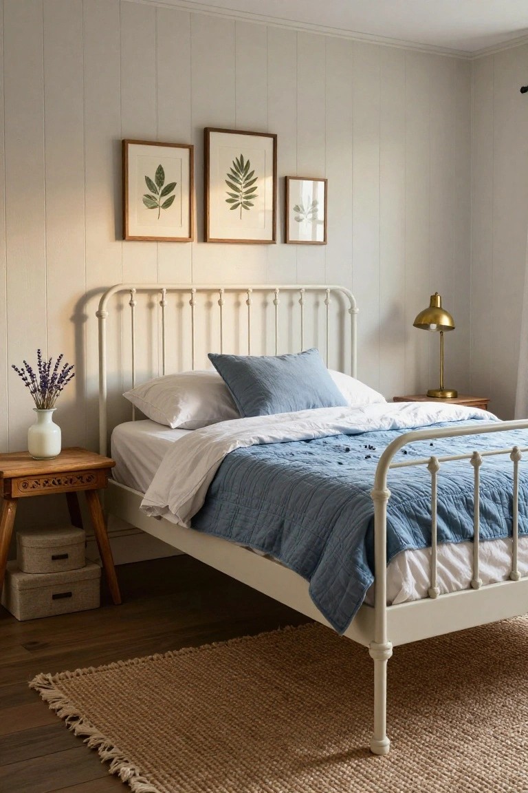 Bedroom with white iron bed frame holding white sheets and blue quilted blanket, blue throw pillow, wooden side table with white vase of lavender and gold lamp, three framed leaf prints on white shiplap wall, jute rug on wood floor.