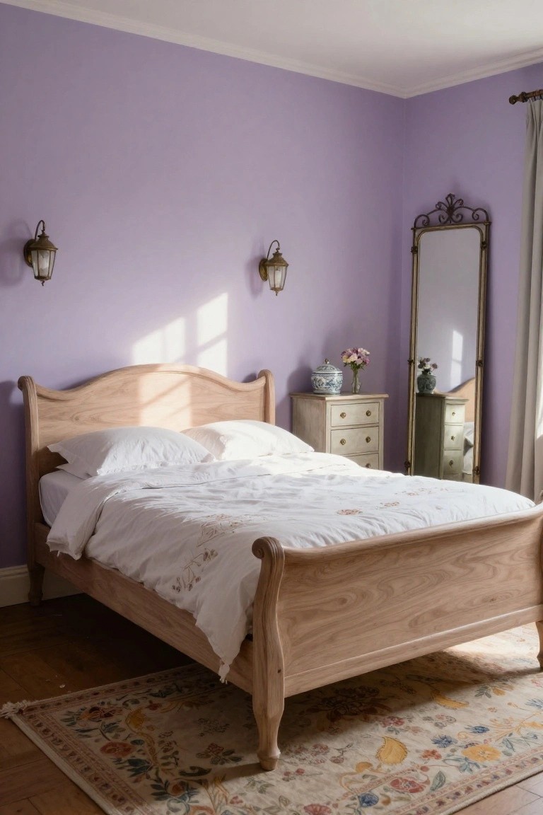 A bedroom with pale purple walls featuring a curved light wood sleigh bed dressed in white linens, brass wall lamps, a small dresser with flowers, and a tall ornate mirror near draped curtains.
