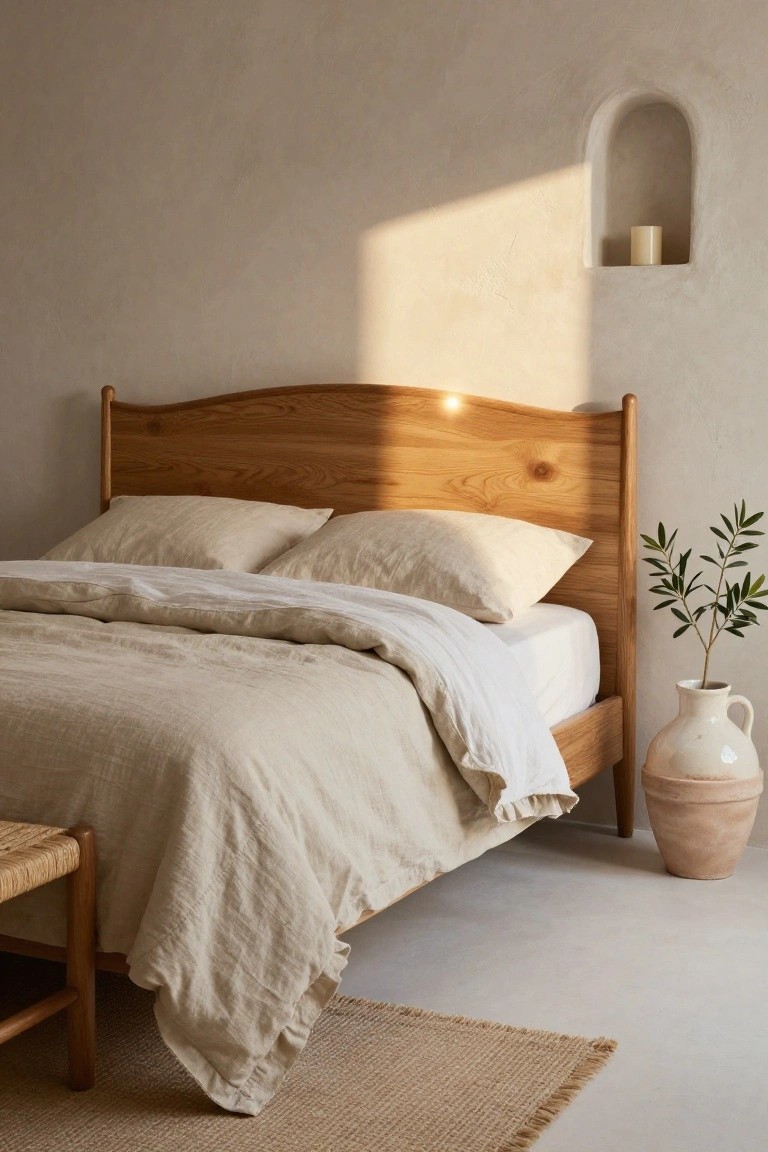 A single bed with curved light wooden headboard and beige linen bedding in a beige-walled bedroom with a wall niche holding a white candle, olive branch in white vase on terracotta pot, wooden stool, and seagrass rug.