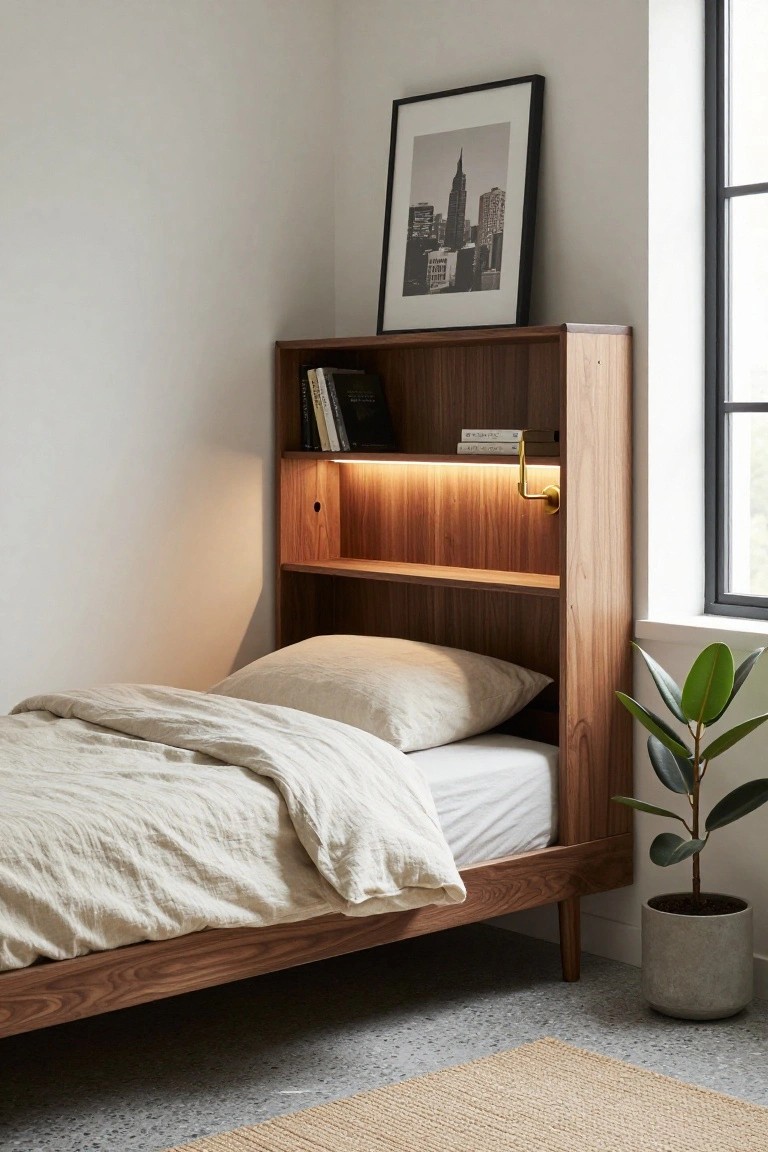 Single bed with integrated tall wooden bookshelf headboard featuring LED strip lighting and books, positioned in a corner beside a large window, with a potted plant in a concrete pot and seagrass rug on polished concrete floor.