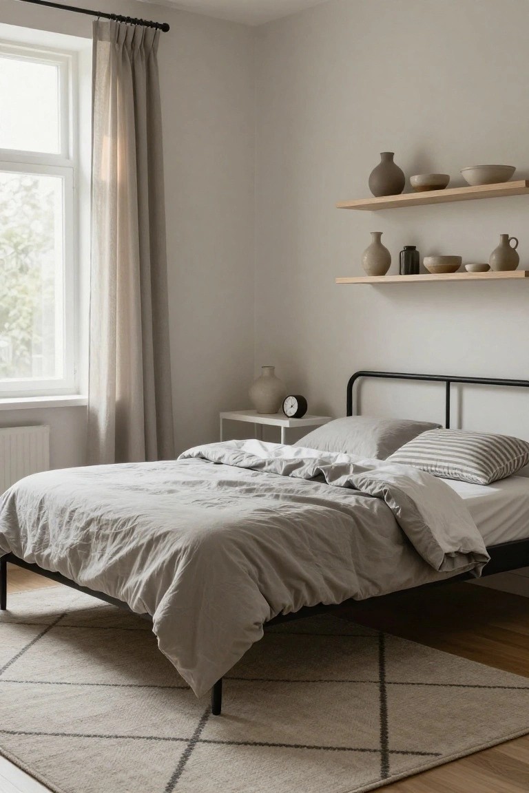 Bedroom with single bed on black metal frame covered in gray linen duvet and pillows, neutral ceramic vases and bowls on wooden shelves, sheer curtains at window, and light wood floor with woven rug.