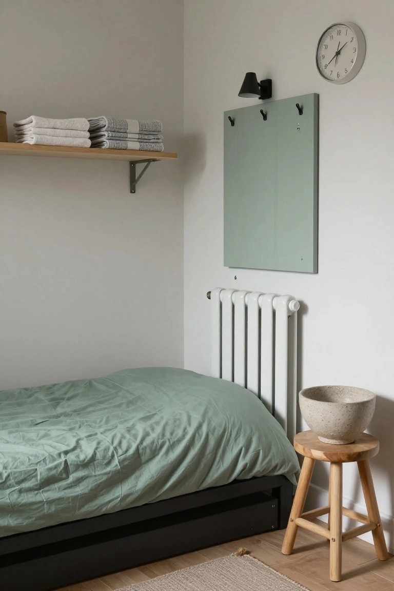Minimal bedroom with mint bedding, wall shelf, clock, and stool.