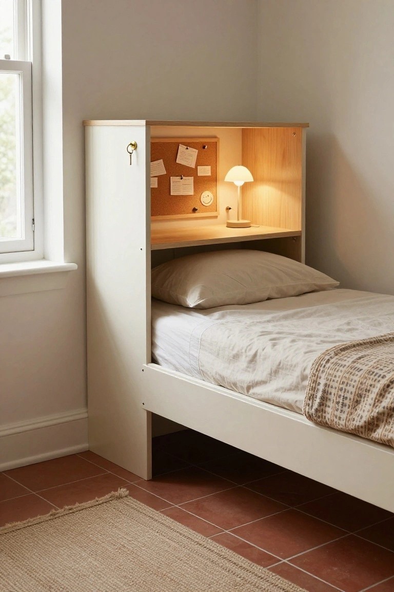 A single bed tucked into a white wooden frame with an open overhead shelf holding a desk surface, corkboard with notes, lamp, and clock, beside a window in a light room with beige walls and terracotta tile floor.