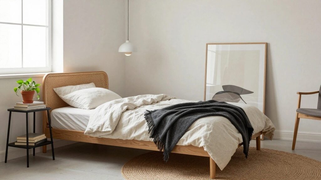 23 Simple Single Bed Frame Ideas With Thoughtful Style A cozy bedroom with a low oak single bed frame featuring a rattan headboard, white linen bedding draped with a gray throw, a potted plant on a black metal stand nearby, abstract beige and black wall art, white pendant light, and a seagrass rug on light wood floors next to a window and radiator.