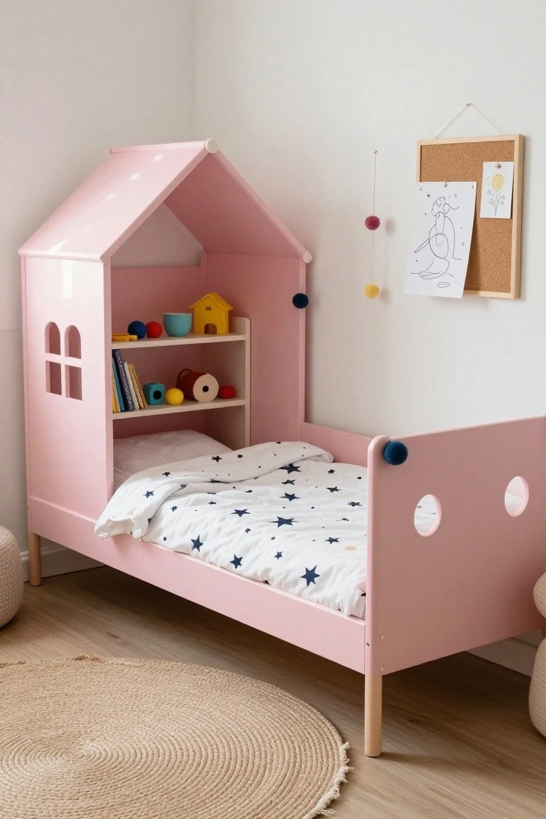 Pink wooden house-shaped single bed frame in a child's bedroom with built-in shelves holding toys and books, a white duvet with star pattern, pom poms, and poufs nearby.