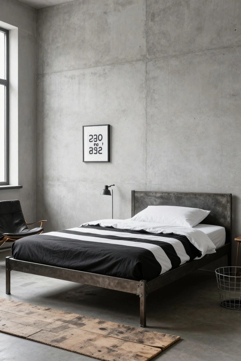 A minimalist bedroom with exposed concrete walls, a black metal bed frame holding black and white striped bedding and pillows, a black leather armchair nearby, a desk lamp, and a framed white artwork labeled 280 282.