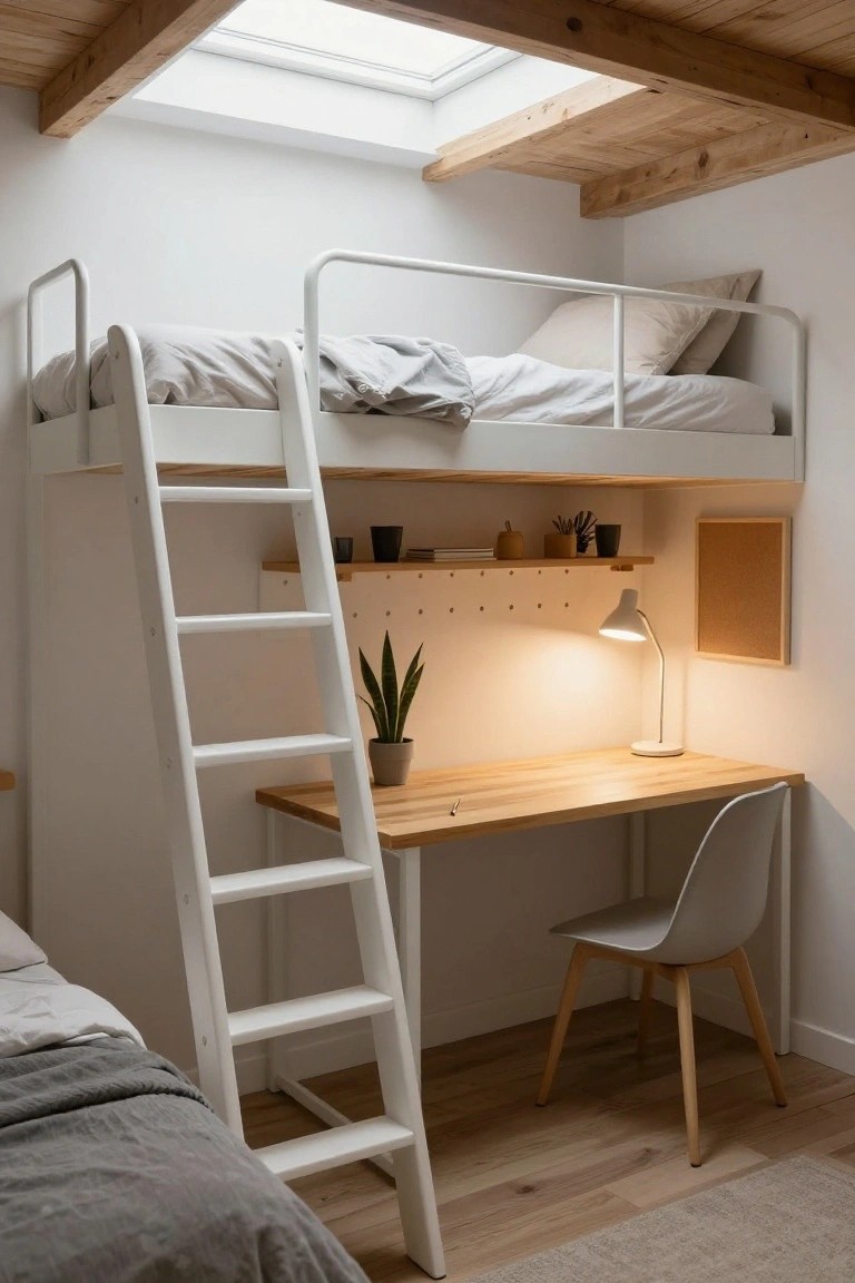 Small bedroom interior with white metal loft bed accessed by ladder, wooden desk and white chair below, snake plant on desk, and corkboard on wall.