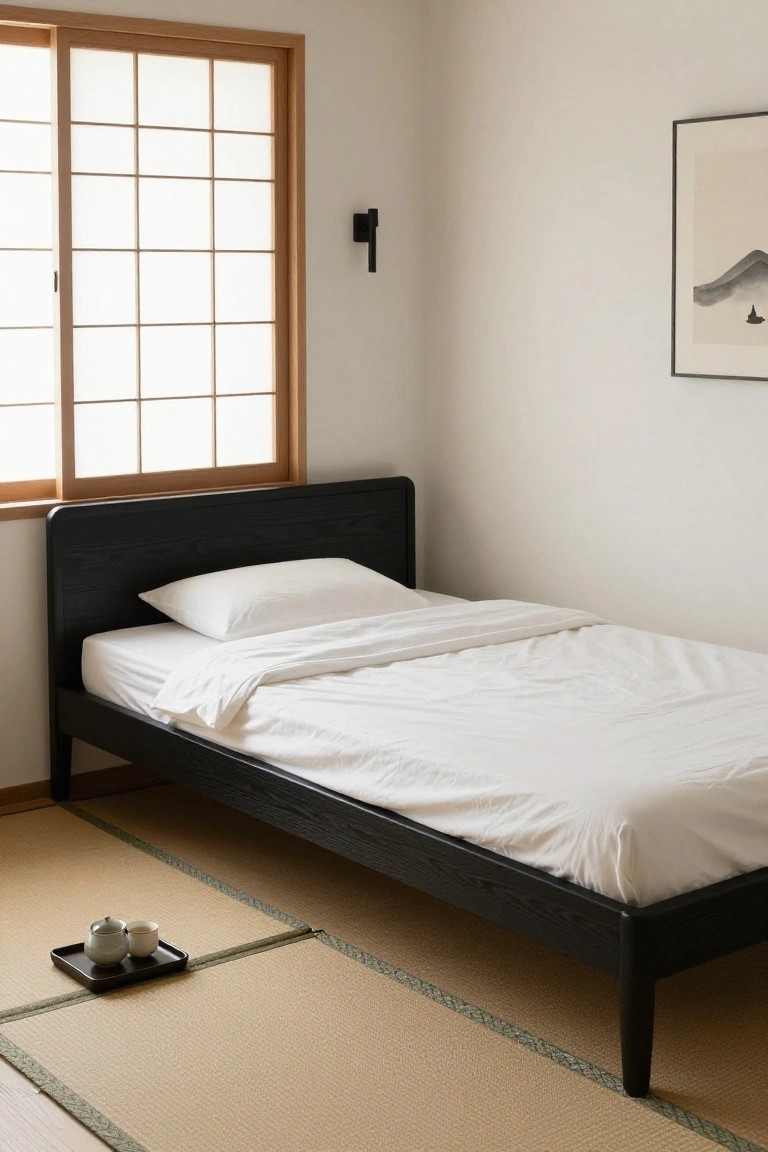 Minimalist Japanese-style bedroom featuring a low black wooden single bed frame with white bedding on tatami flooring, shoji sliding doors, a wall-mounted light, abstract ink painting, and a tray with teapot and cups on the floor.