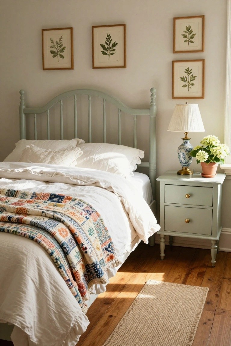 A bedroom with a pale green painted wooden spindle bed frame topped with white pillows, sheets, and a colorful patchwork quilt, next to a matching green nightstand with a white lamp, blue vase of white flowers, botanical leaf prints on walls, and hardwood floors with a beige rug.