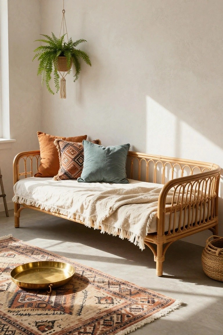 Beige rattan daybed with white fringed throw, orange and teal pillows, hanging fern plant, patterned rug, and brass tray on wood floor in light room.