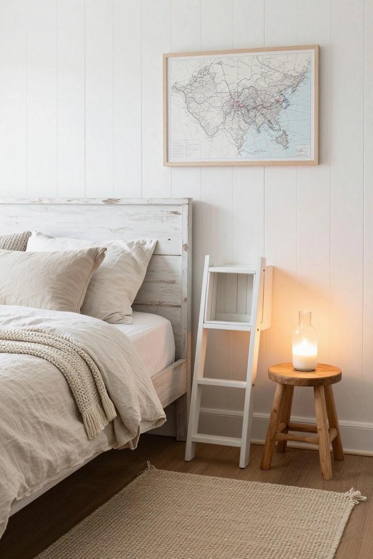 A single bed with whitewashed wooden frame and neutral linen bedding in a white paneled bedroom corner, next to a ladder shelf, wooden stool with glass lamp, and framed world map on the wall.