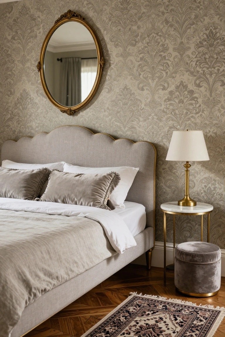 Bedroom corner with a low single bed frame featuring a beige scalloped upholstered headboard, white sheets, gray velvet pillows, brass lamp on marble side table with gold legs, gold-framed oval mirror on beige damask wallpaper, gray ottoman, and parquet floor with small Persian rug.